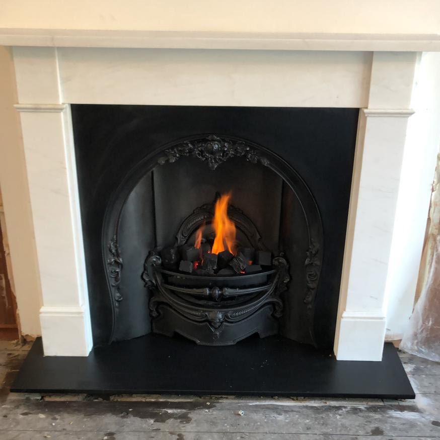 White marble "Flat Victorian" mantel, original arch insert, gas fire